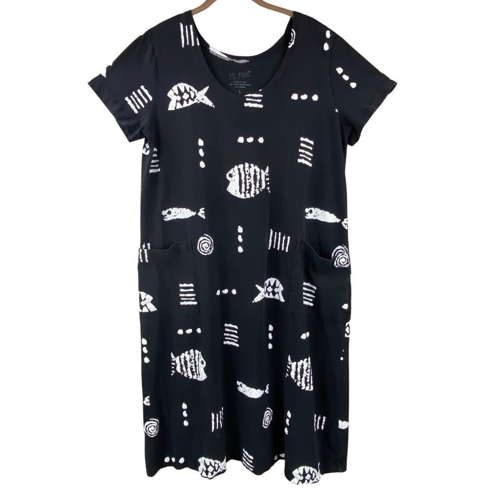 M. Mac Fish Print Midi Dress Size L Black White Beach Resort Cruise